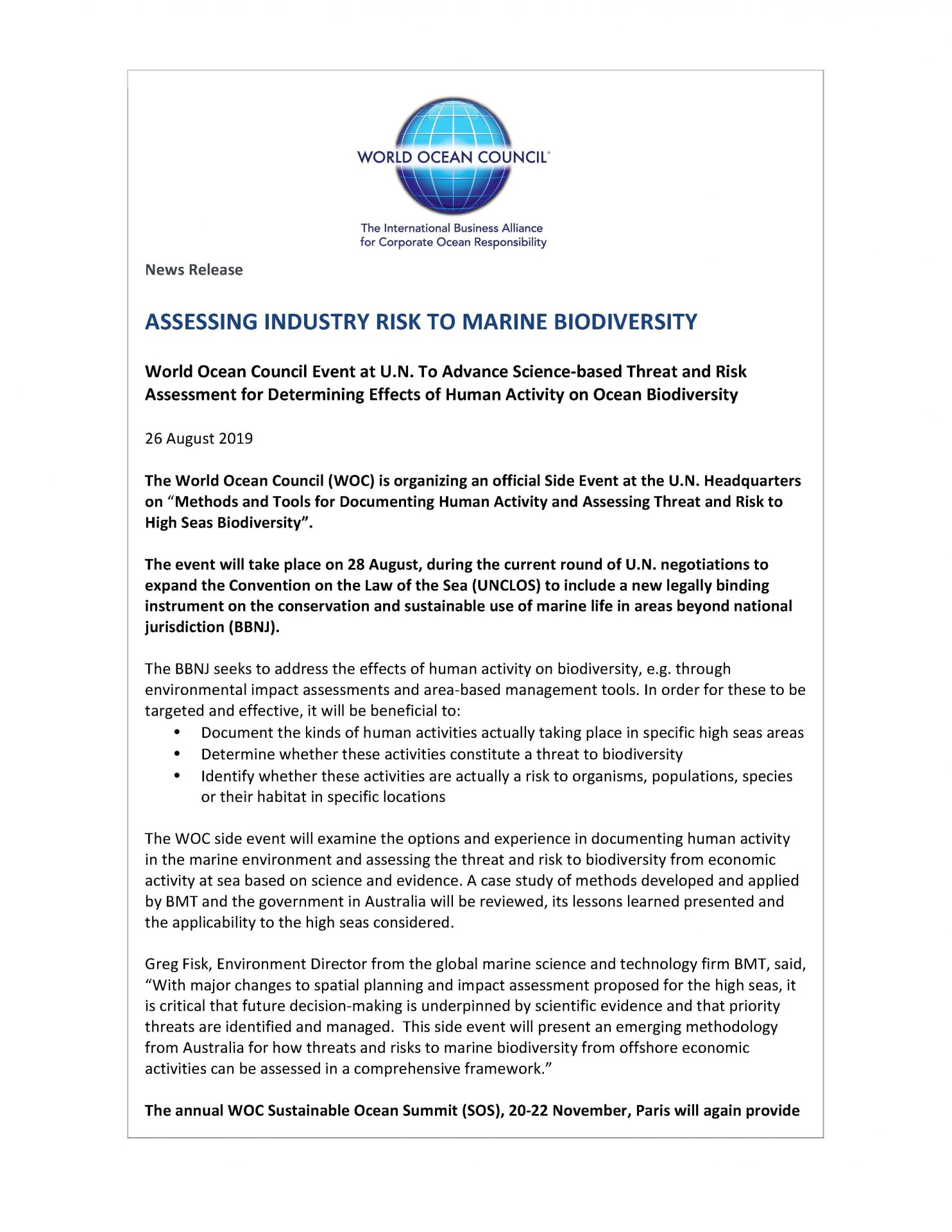 Assessing Industry Risk to Marine Biodiversity - 26 August 2019