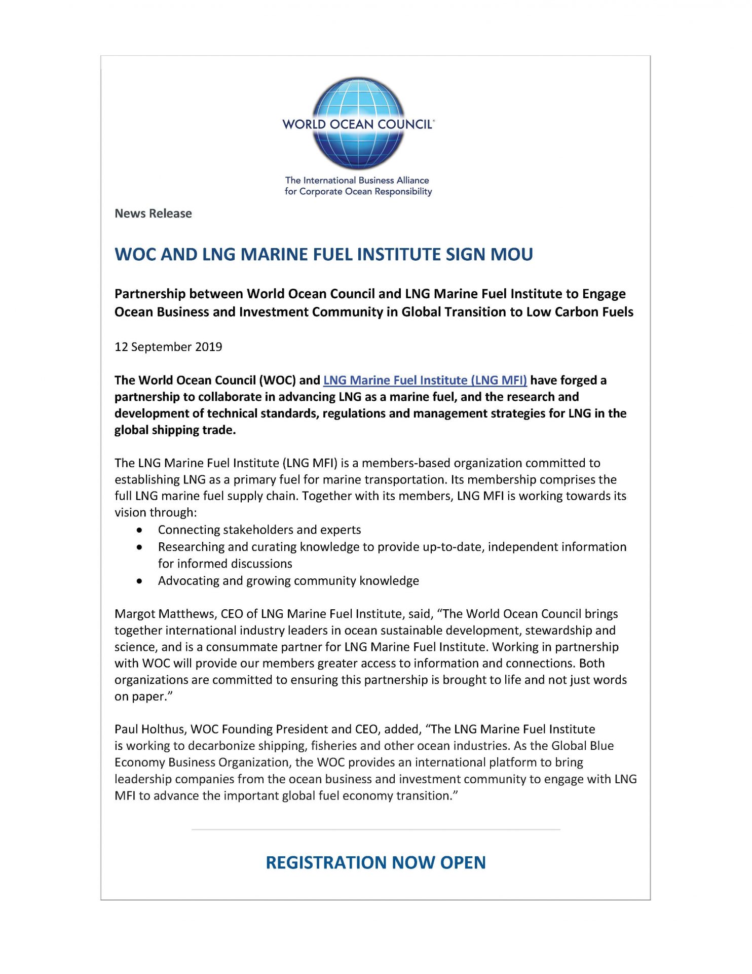 WOC and LNG Marine Fuel Institute Sign MOU - 12 September 2019