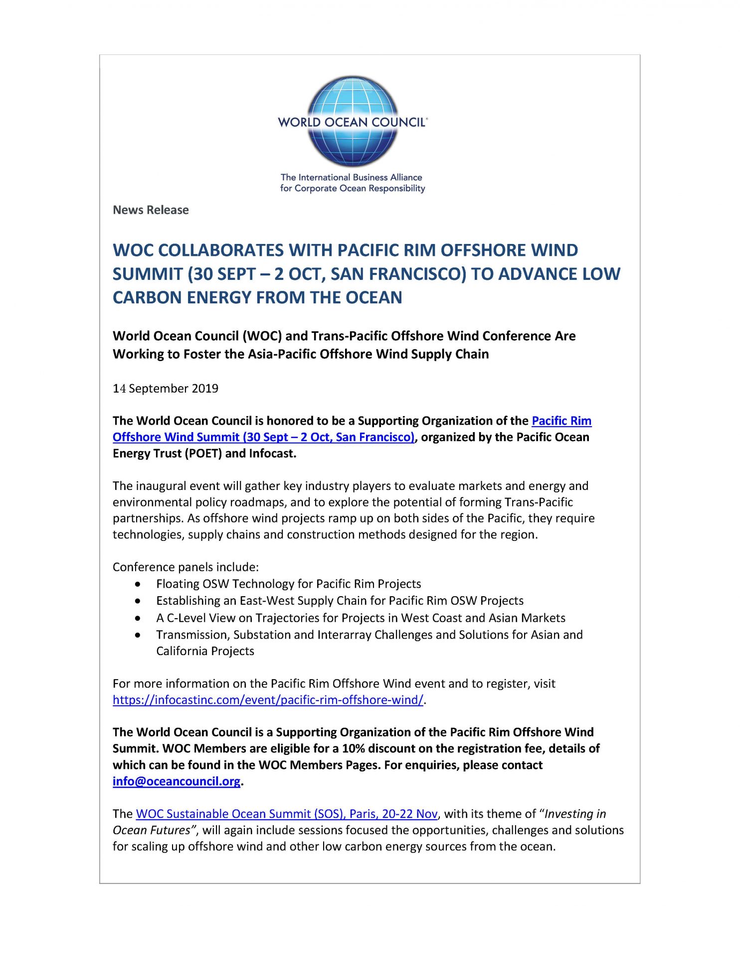 WOC Collaborates with Pacific Rim Offshore Wind Summit (30 Sept – 2 Oct, San Francisco) to Advance Low Carbon Energy from the Ocean - 14 September 2019