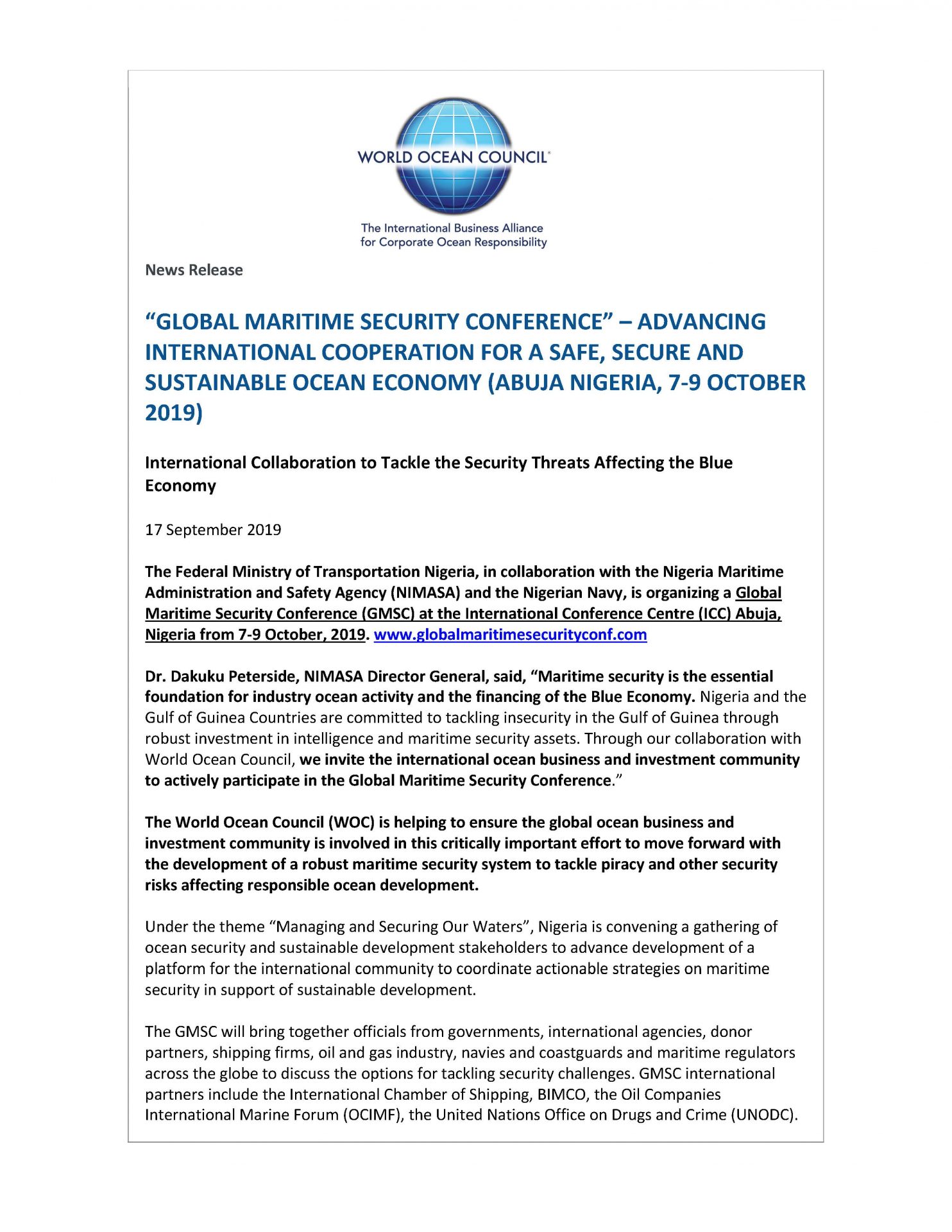 Global Maritime Security Conference (7-9 October) - 17 September 2019