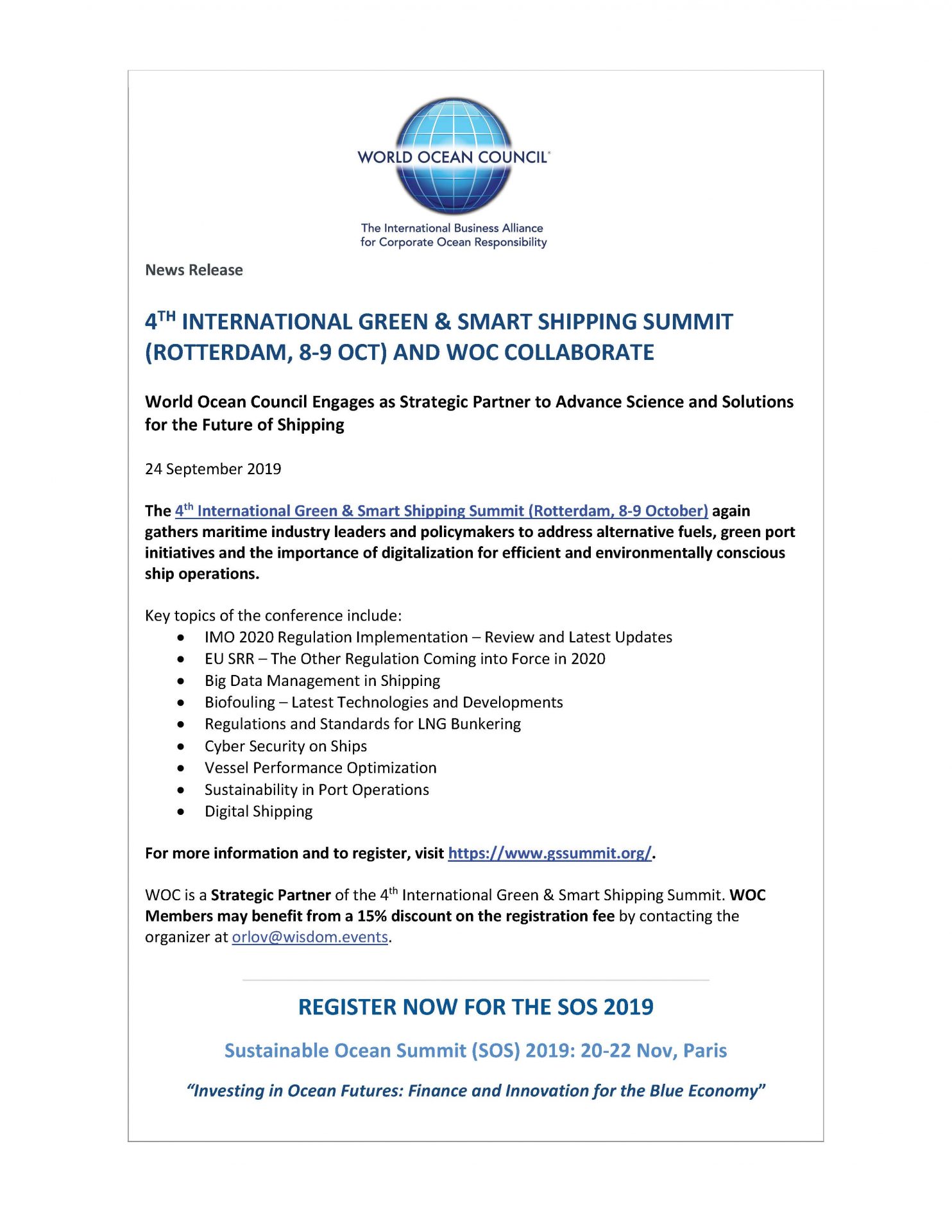 4th International Green & Smart Shipping Summit (Rotterdam 8-9 Oct) and WOC Collaborate - 24 September 2019
