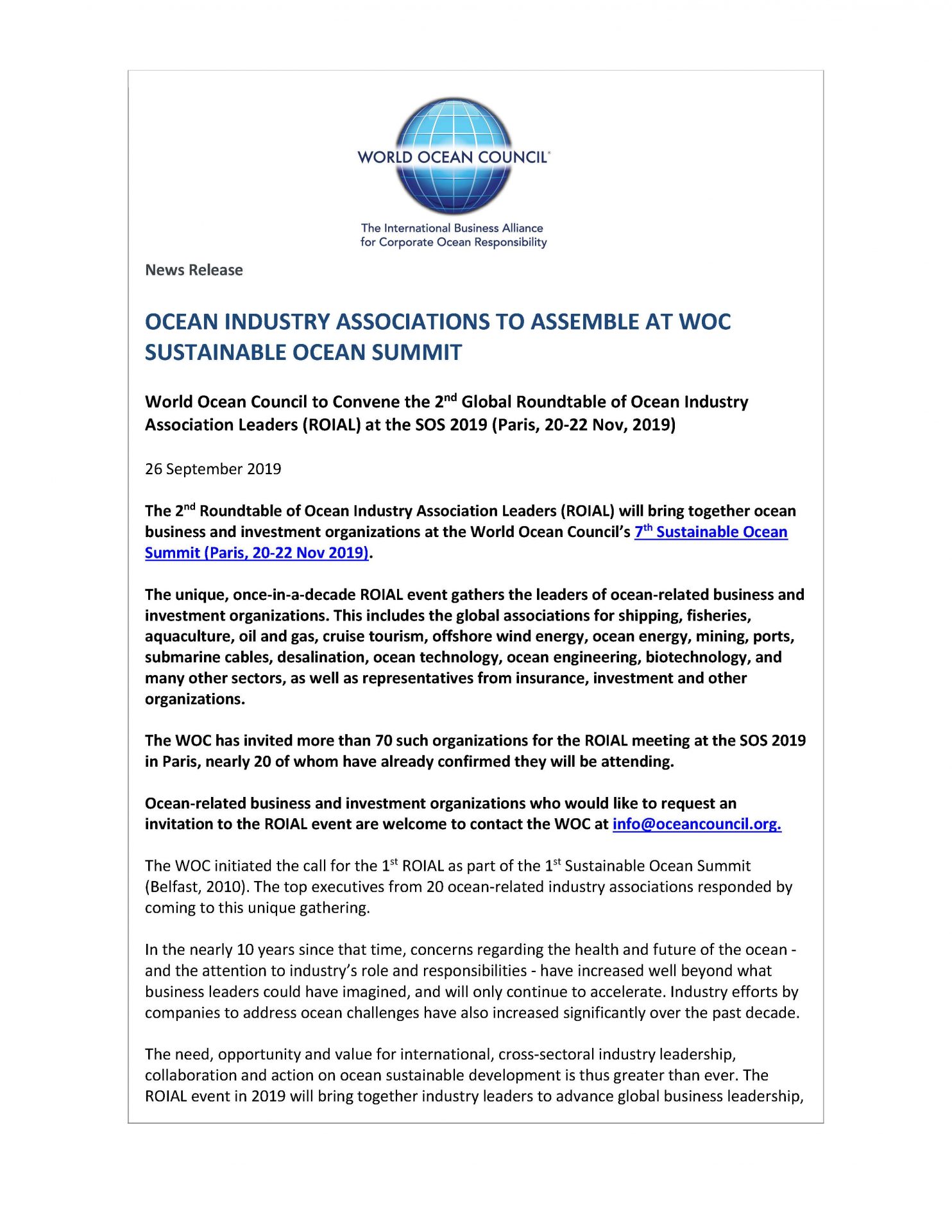 Ocean Industry Associations to Assemble at WOC Sustainable Ocean Summit - 26 September 2019