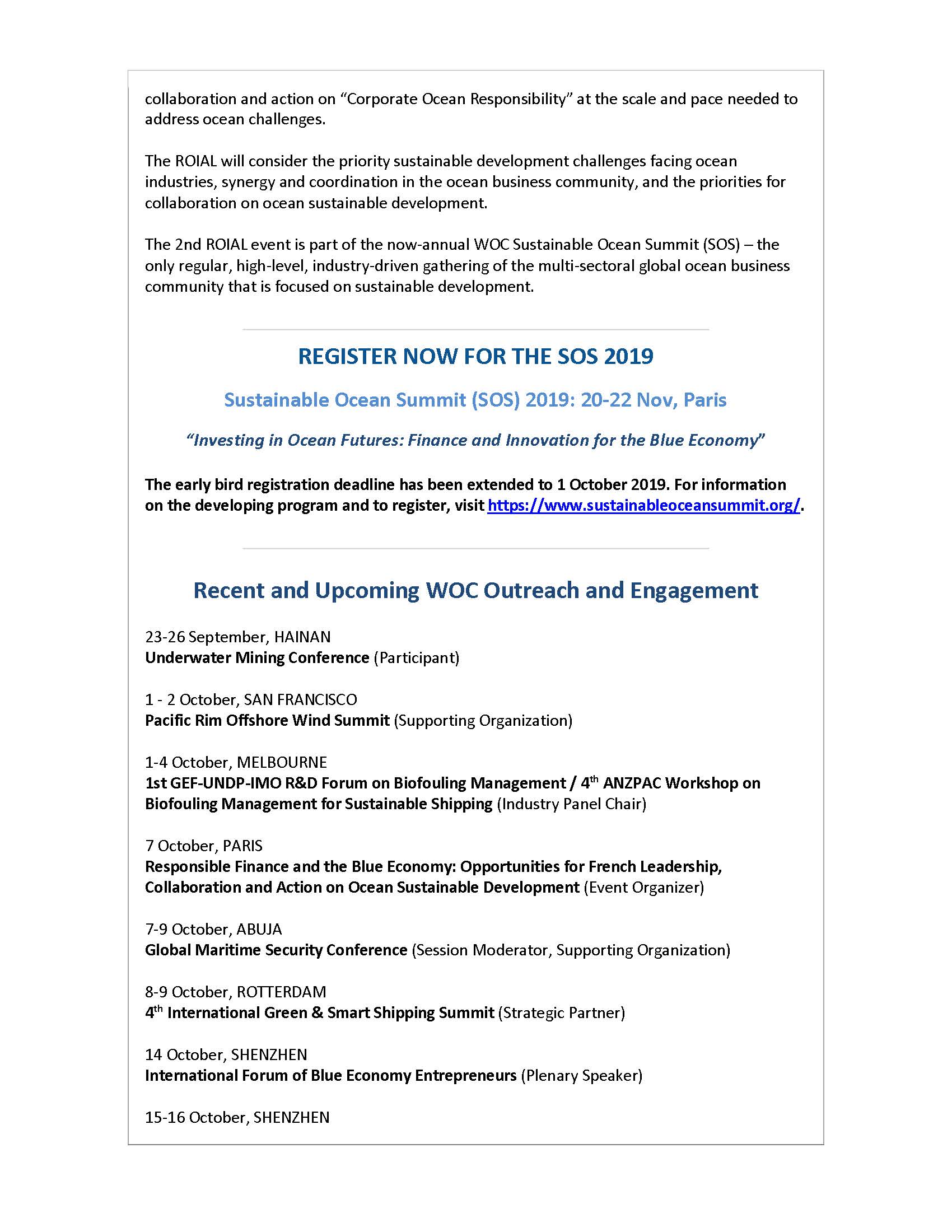 Ocean Industry Associations to Assemble at WOC Sustainable Ocean Summit - 26 September 2019