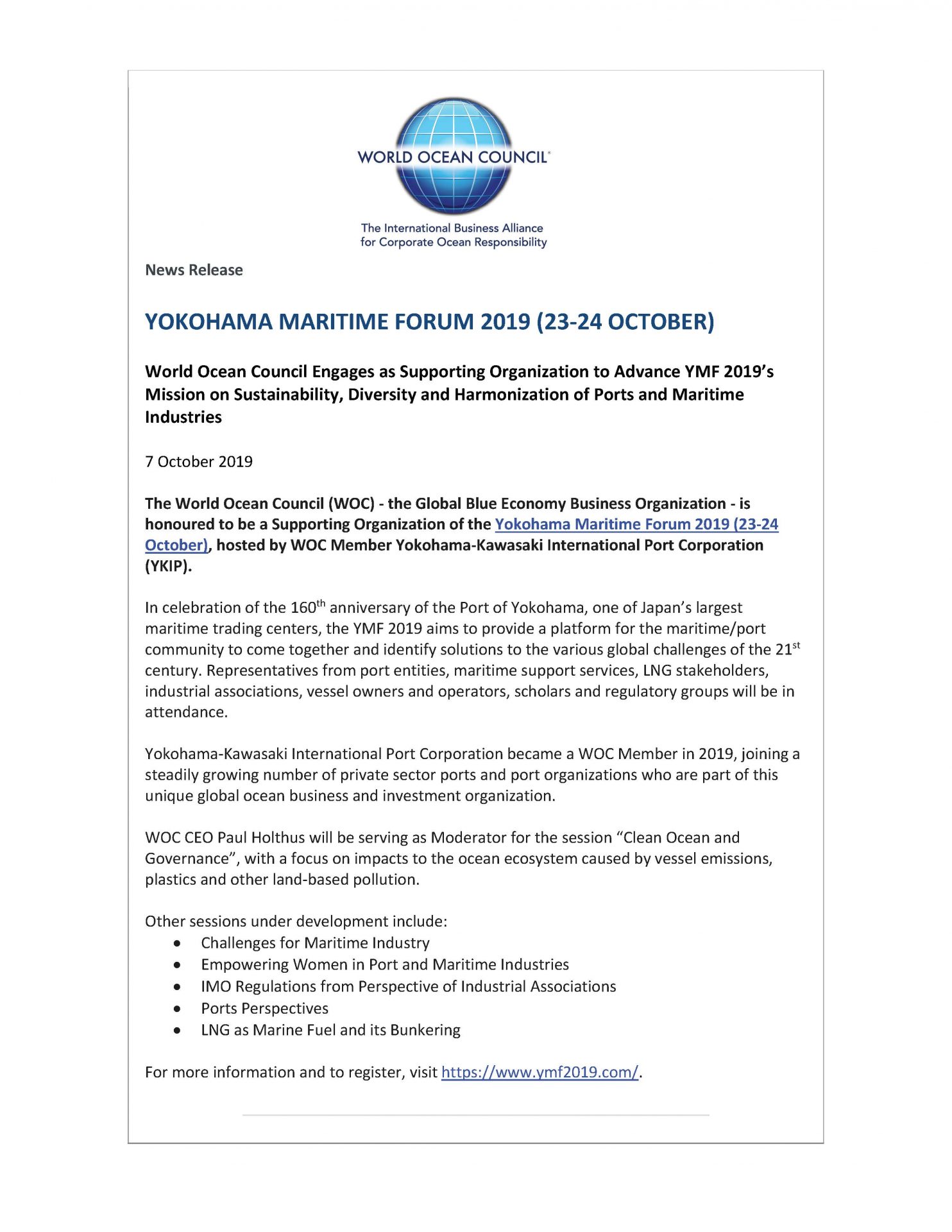 Yokohama Maritime Forum 2019 (23-24 October) - 7 October 2019
