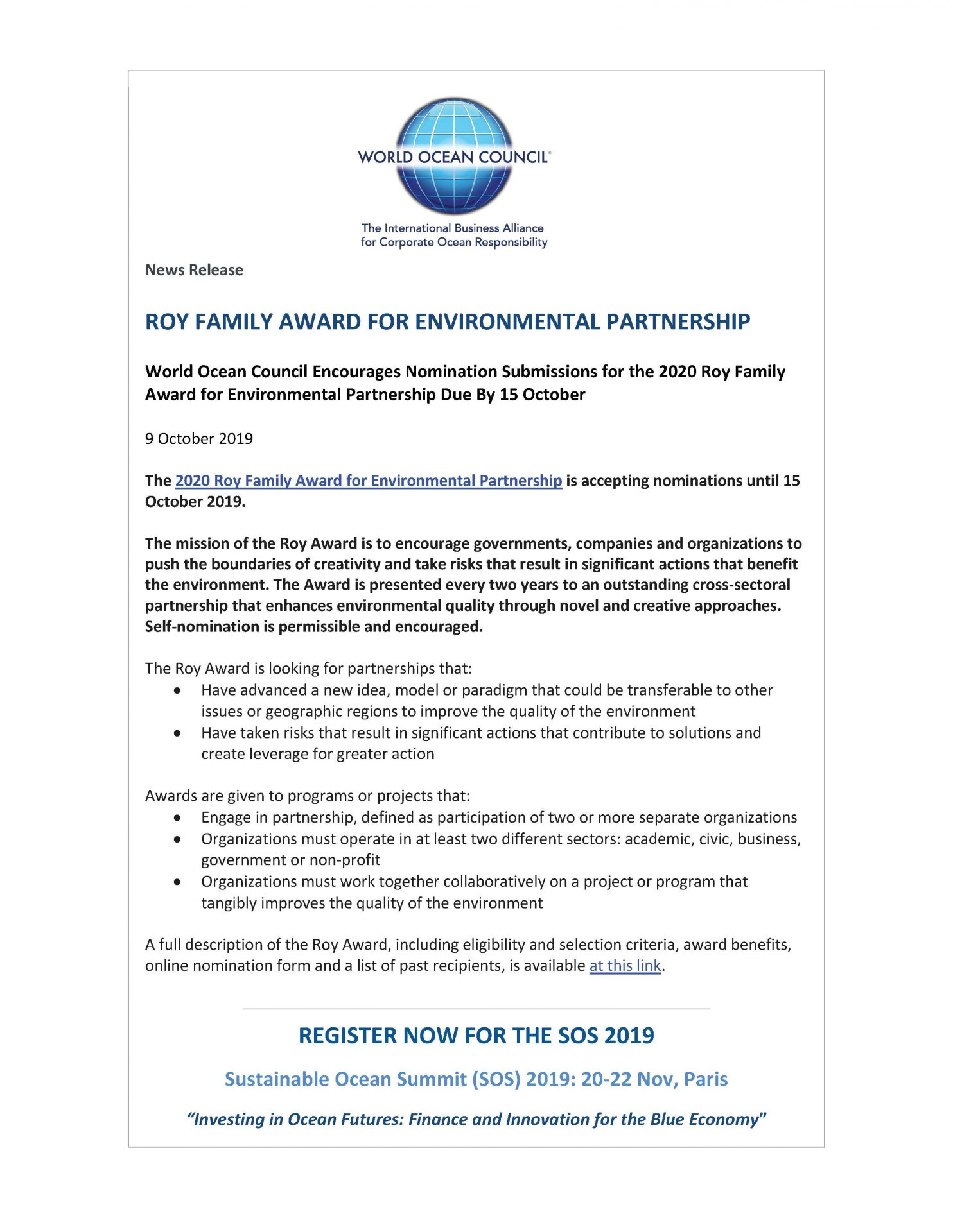 Roy Family Award for Environmental Partnership - 9 October 2019