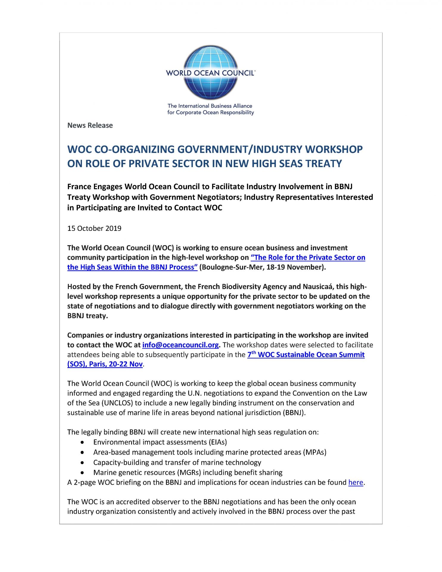 WOC Co-Organizing Government-Industry Workshop on Industry in BBNJ Treaty - 15 October 2019