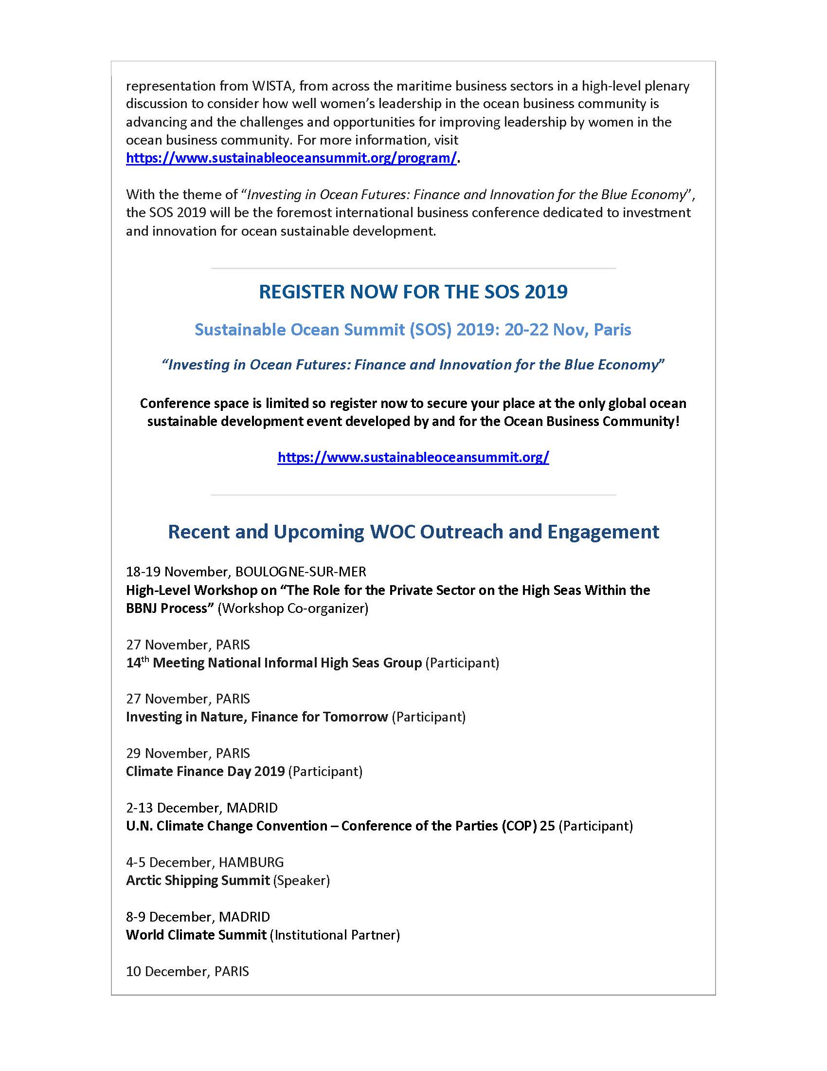 WOC and WISTA to Sign MOU at Sustainable Ocean Summit 2019 (Paris 20-22 Nov) - 18 November 2019