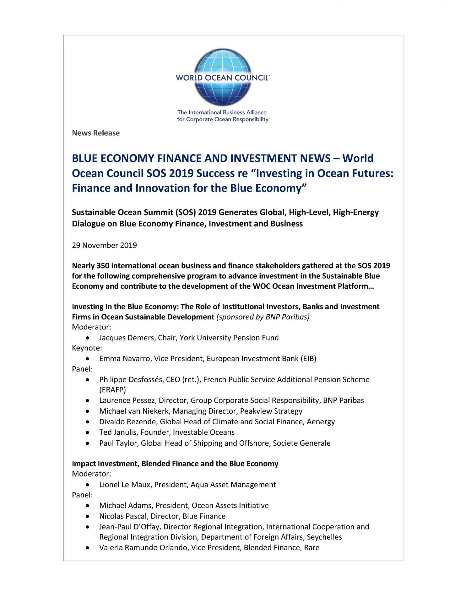 Blue Economy Finance and Investment News - Investing in Ocean Futures - SOS 2019 Success - 29 November 2019