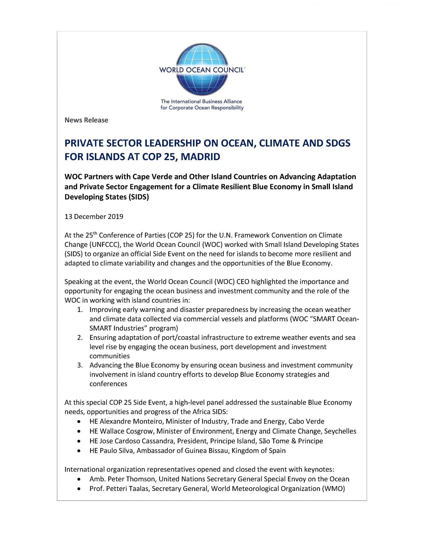 Private Sector Leadership on Ocean, Climate and SDGs for Islands - 13 December 2019