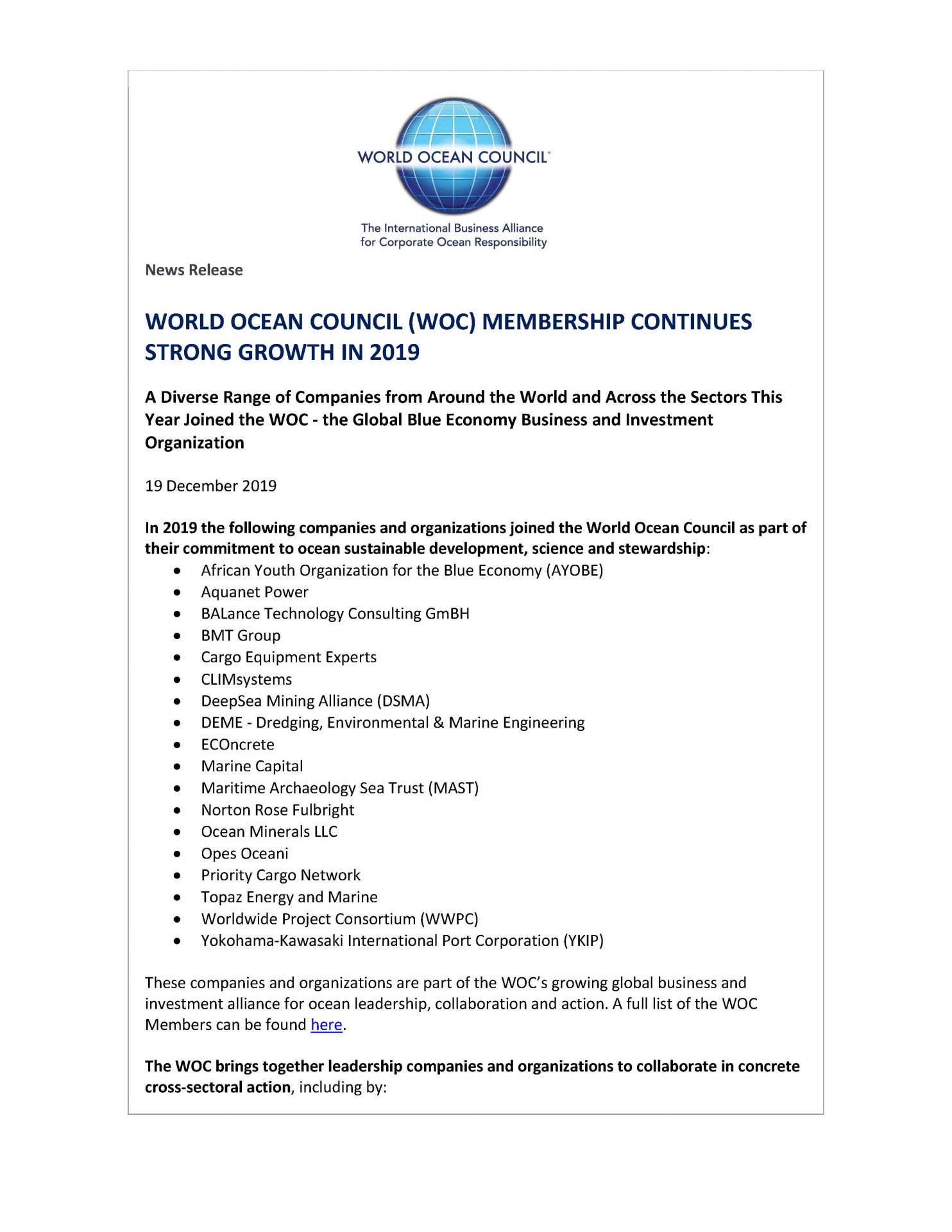 World Ocean Council (WOC) Membership Continues Strong Growth in 2019 - 19 December 2019