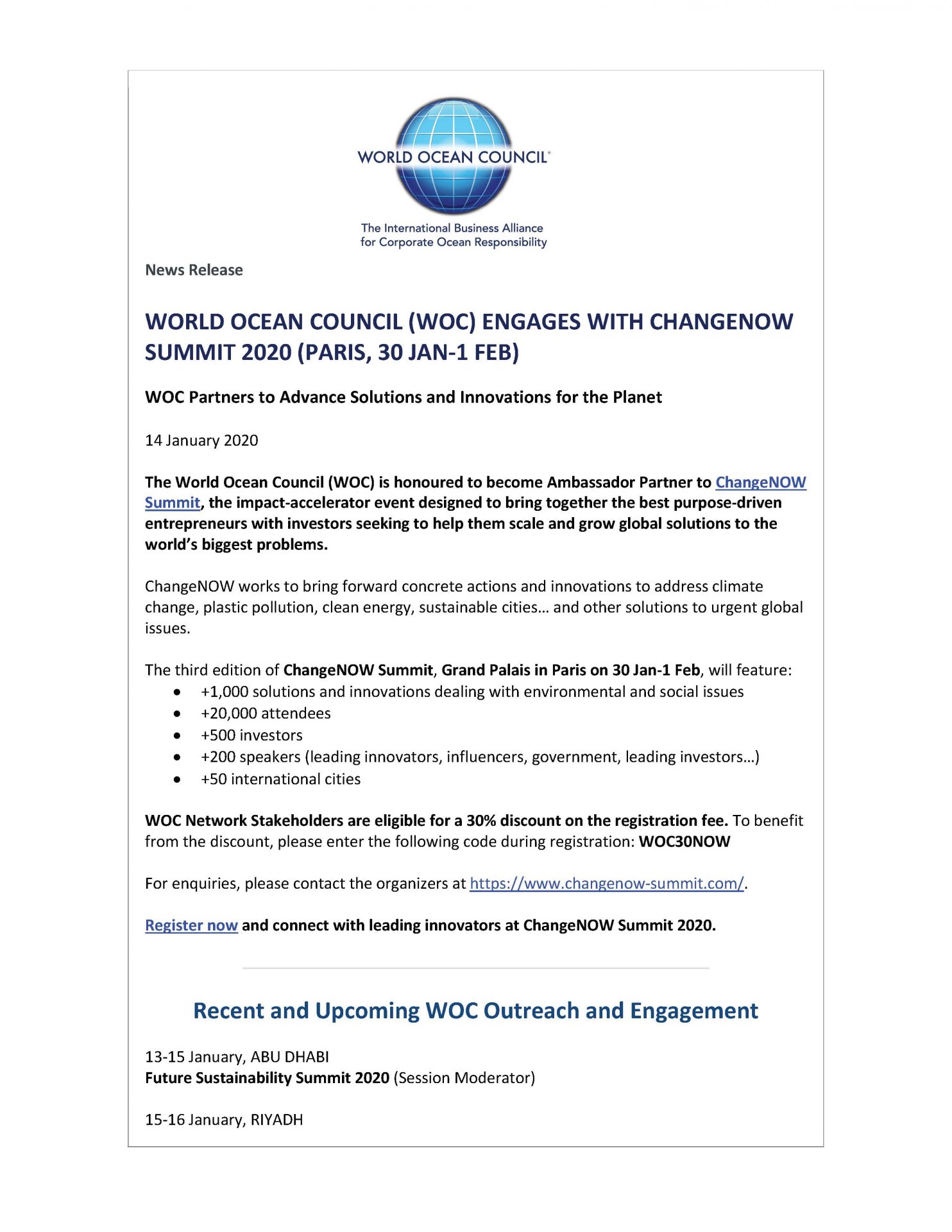 World Ocean Council (WOC) Engages with ChangeNOW Summit 2020 (Paris, 30 Jan-1 Feb) - 14 January 2020