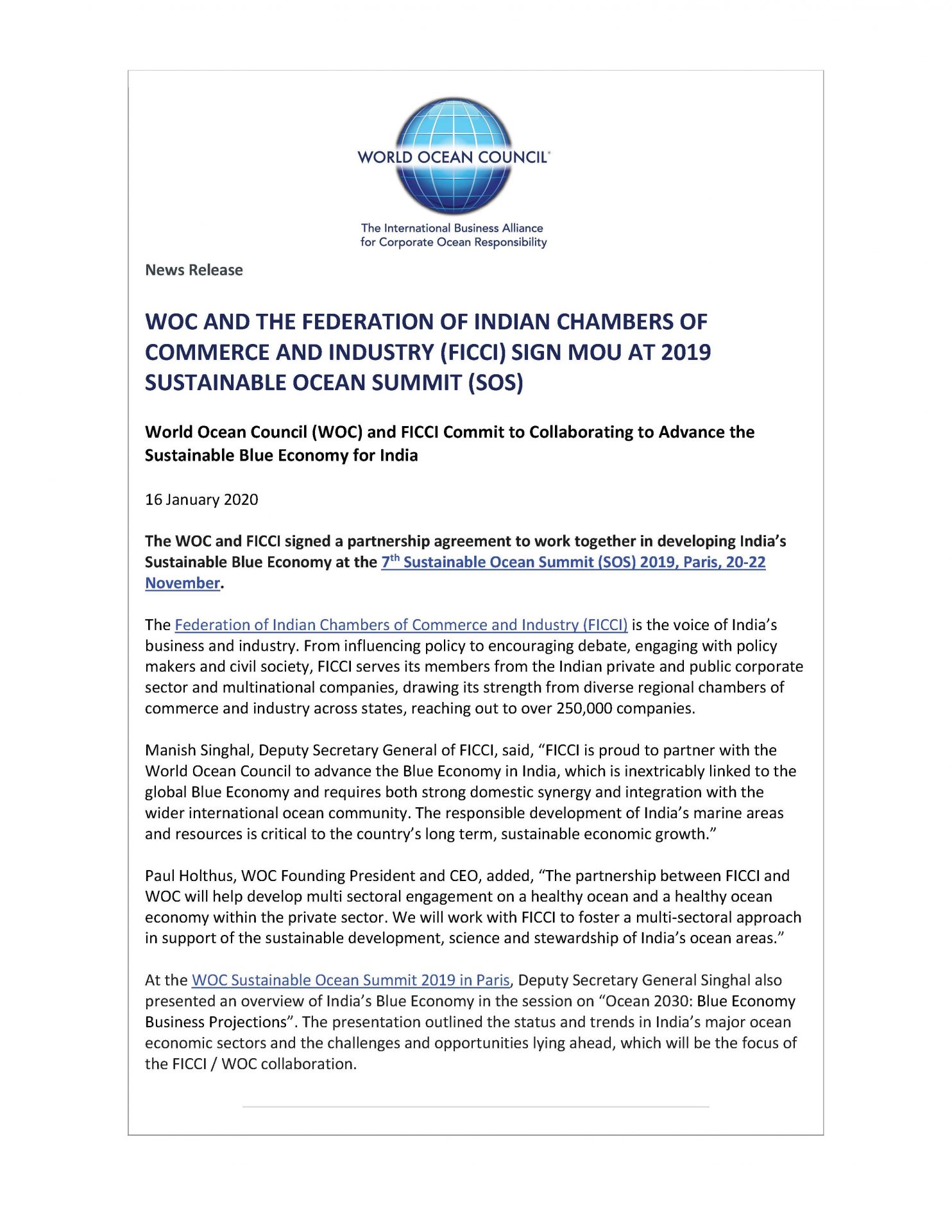 WOC and the Federation of Indian Chambers of Commerce and Industry (FICCI) Sign MOU at 2019 Sustainable Ocean Summit (SOS) - 16 January 2020