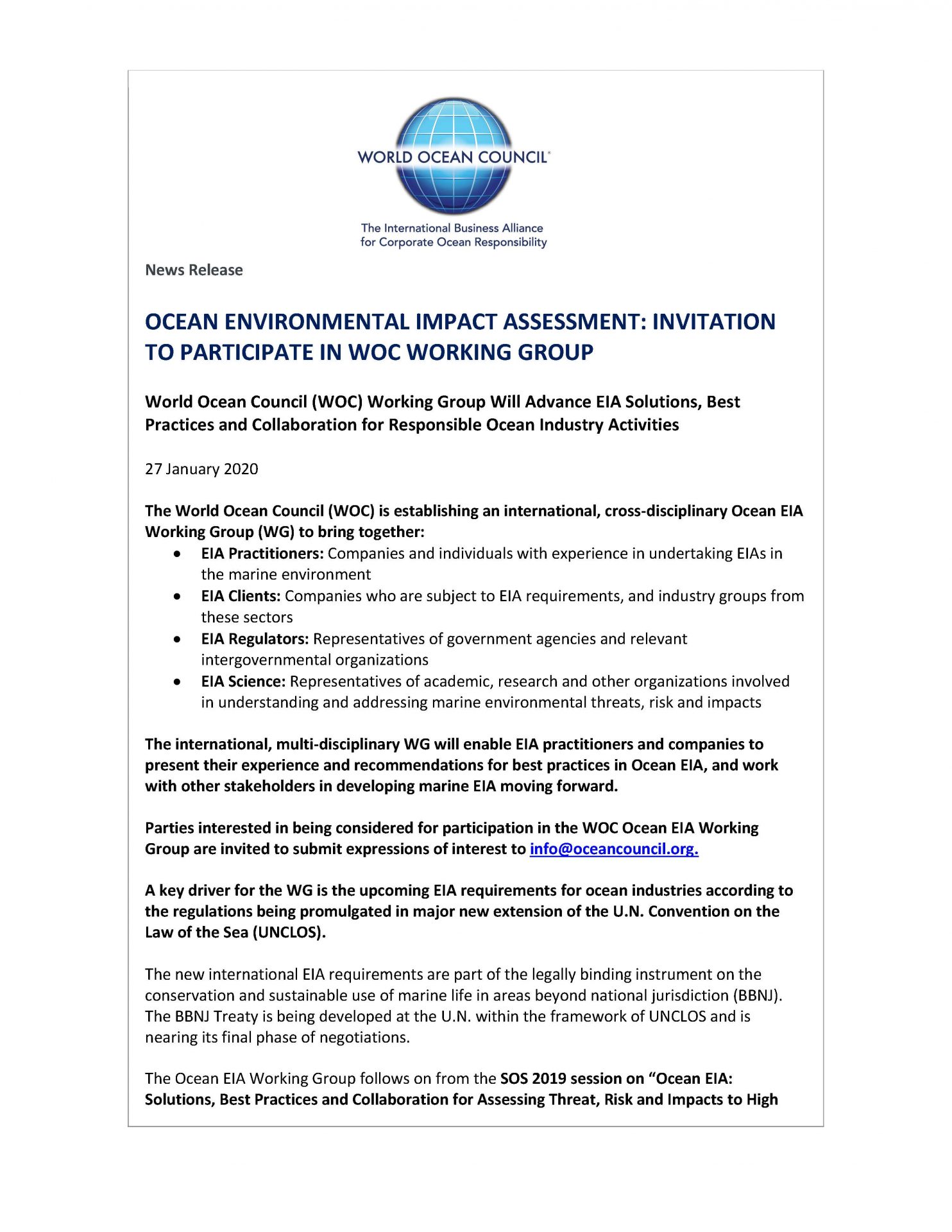 Ocean Environmental Impact Assessment: Invitation to Participate in WOC Working Group - 27 January 2020