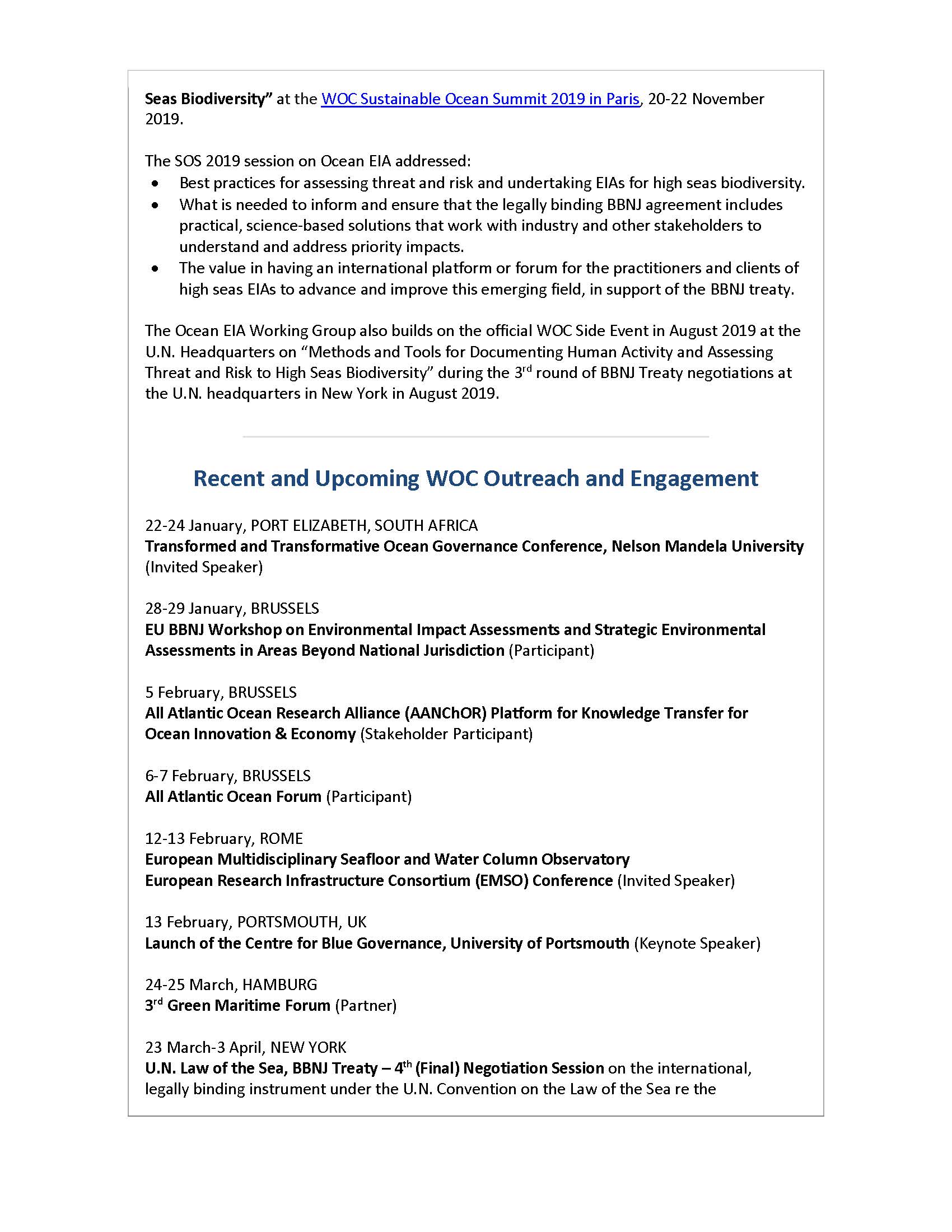 Ocean Environmental Impact Assessment: Invitation to Participate in WOC Working Group - 27 January 2020