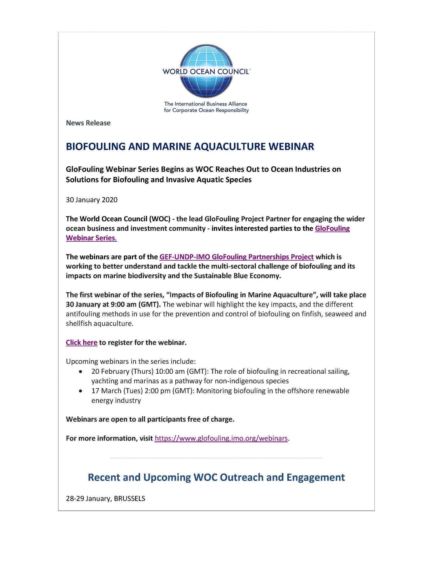 Biofouling and Marine Aquaculture Webinar - 30 January 2020