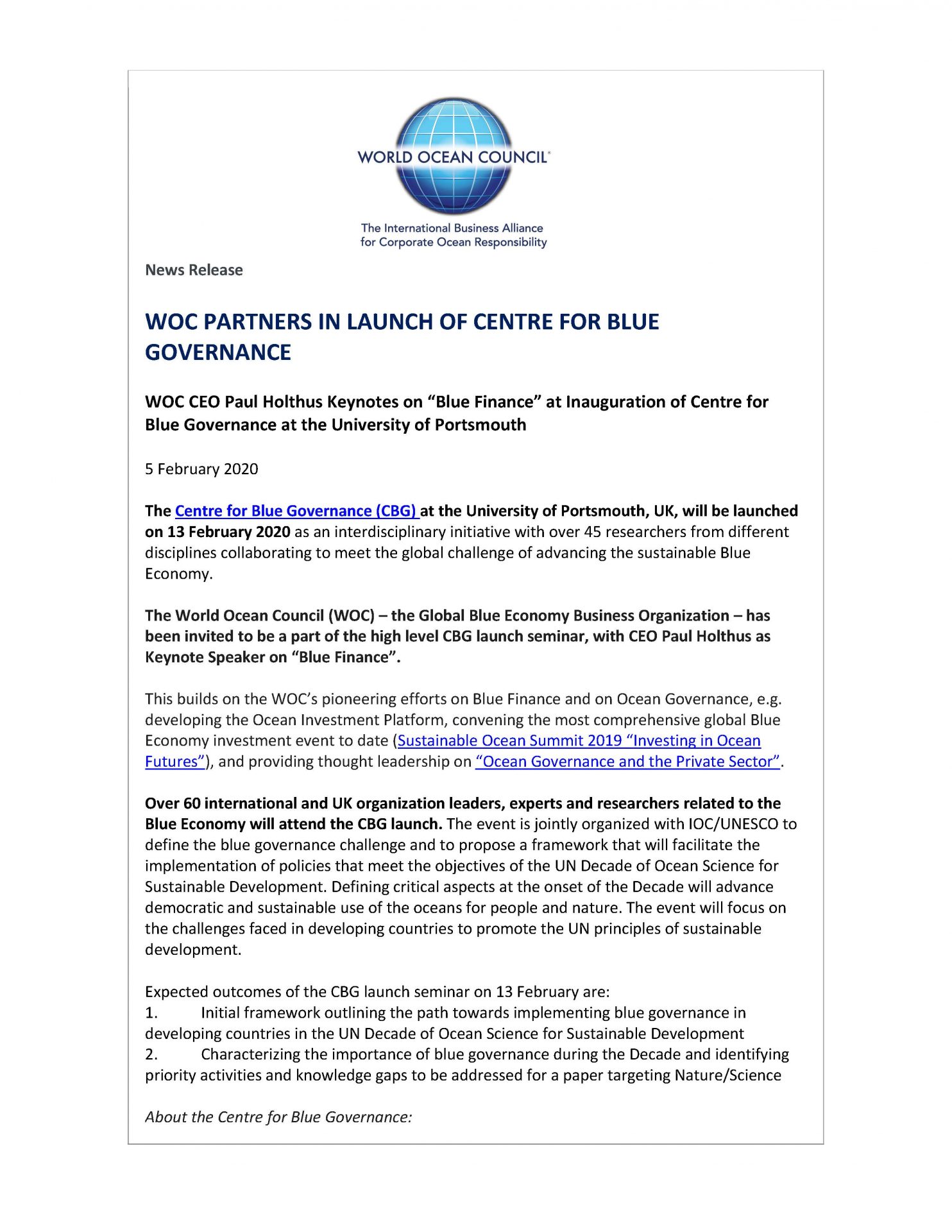 WOC Partners in Launch of Centre for Blue Governance - 5 February 2020