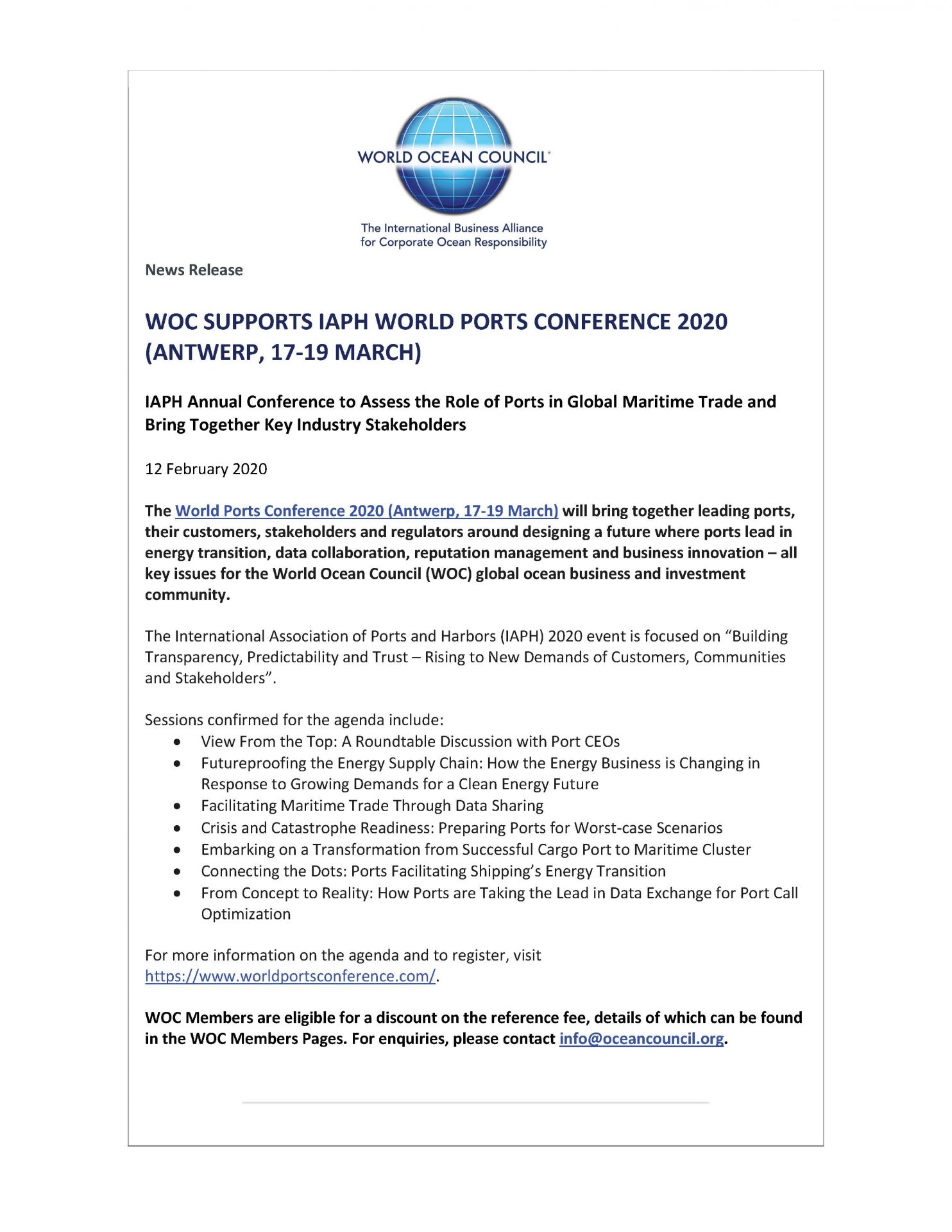 WOC Supports IAPH World Ports Conference 2020 (Antwerp 17-19 March) - 12 March 2020