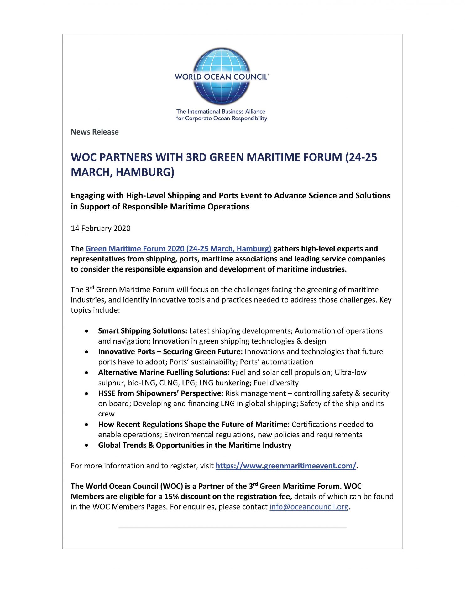 WOC Partners With 3rd Green Maritime Forum (24-25 March, Hamburg) - 14 February 2020