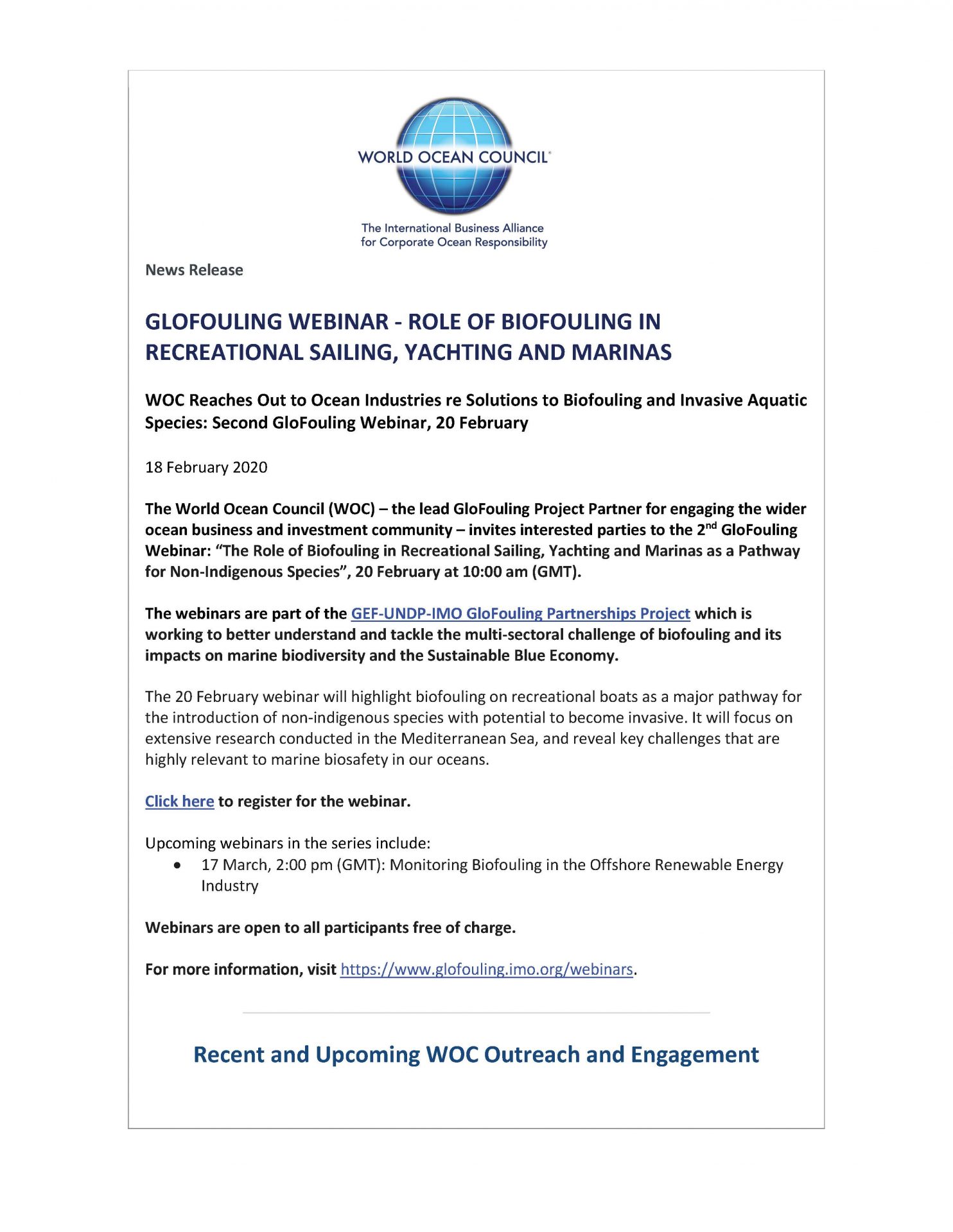 GloFouling Webinar - Role of Biofouling in Recreational Sailing, Yachting and Marinas - 18 February 2020
