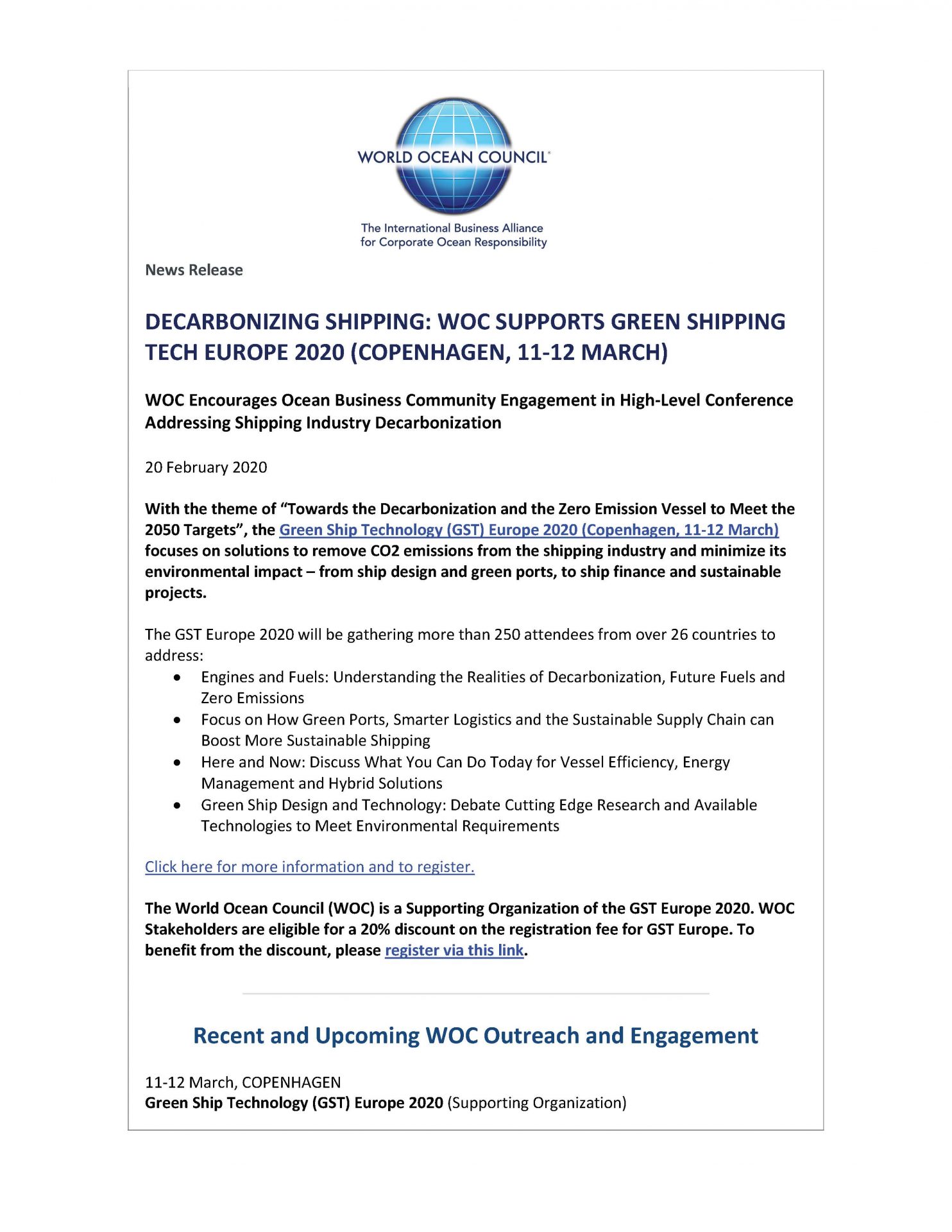 Decarbonizing Shipping: WOC Supports Green Shipping Tech Europe 2020 (Copenhagen, 11-12 March) - 20 February 2020