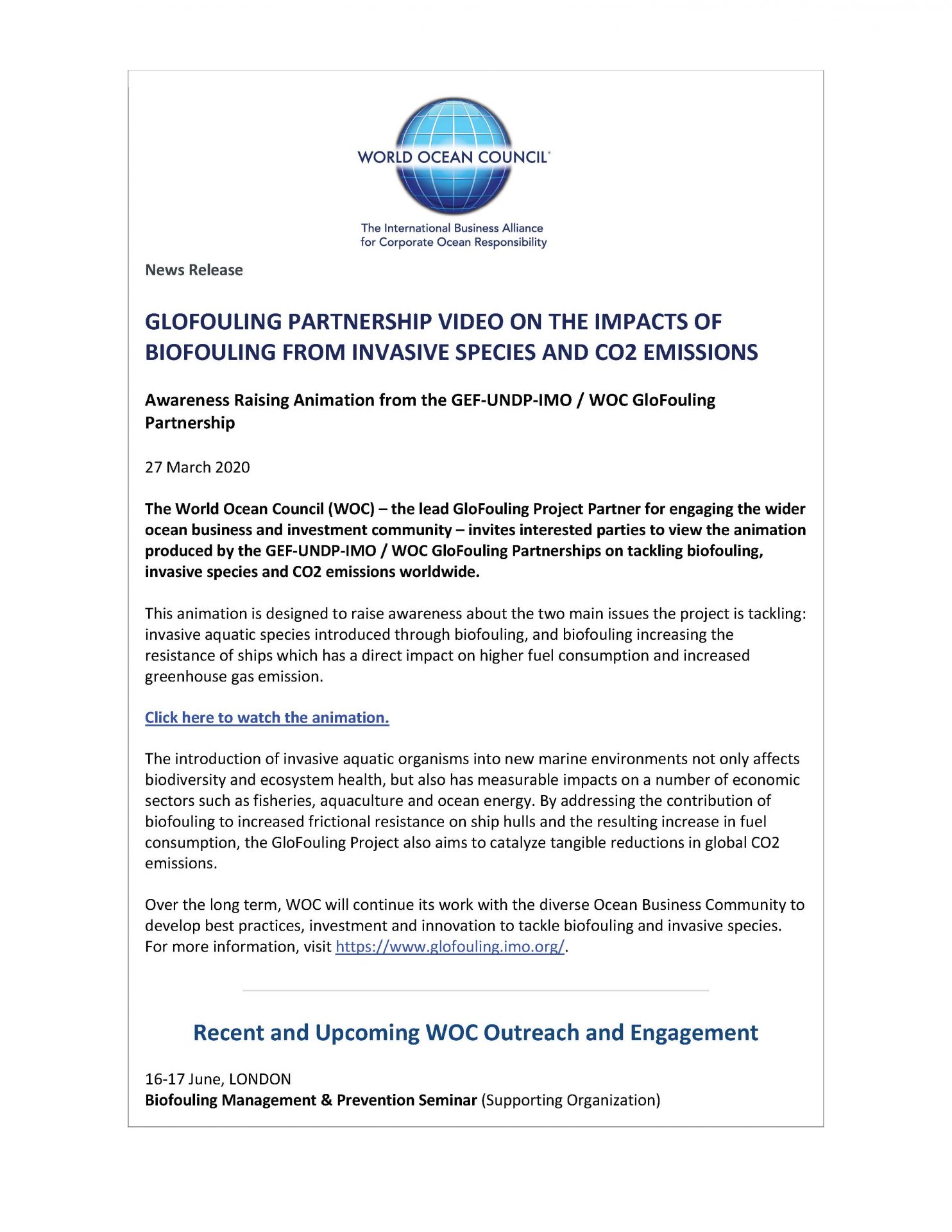 GloFouling Partnership Video on the Impacts of Biofouling from Invasive Species and CO2 Emissions - 27 March 2020