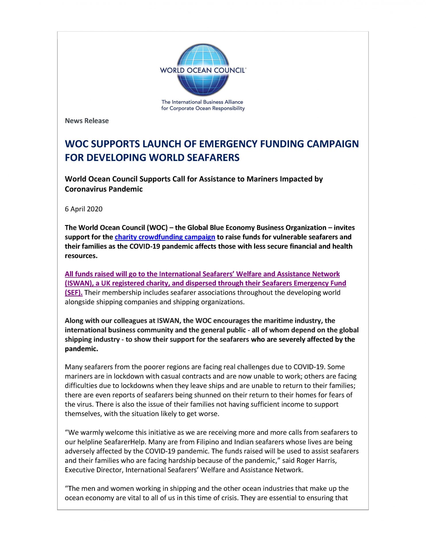 WOC Supports Launch of Emergency Funding Campaign for Developing World Seafarers - 6 April 2020