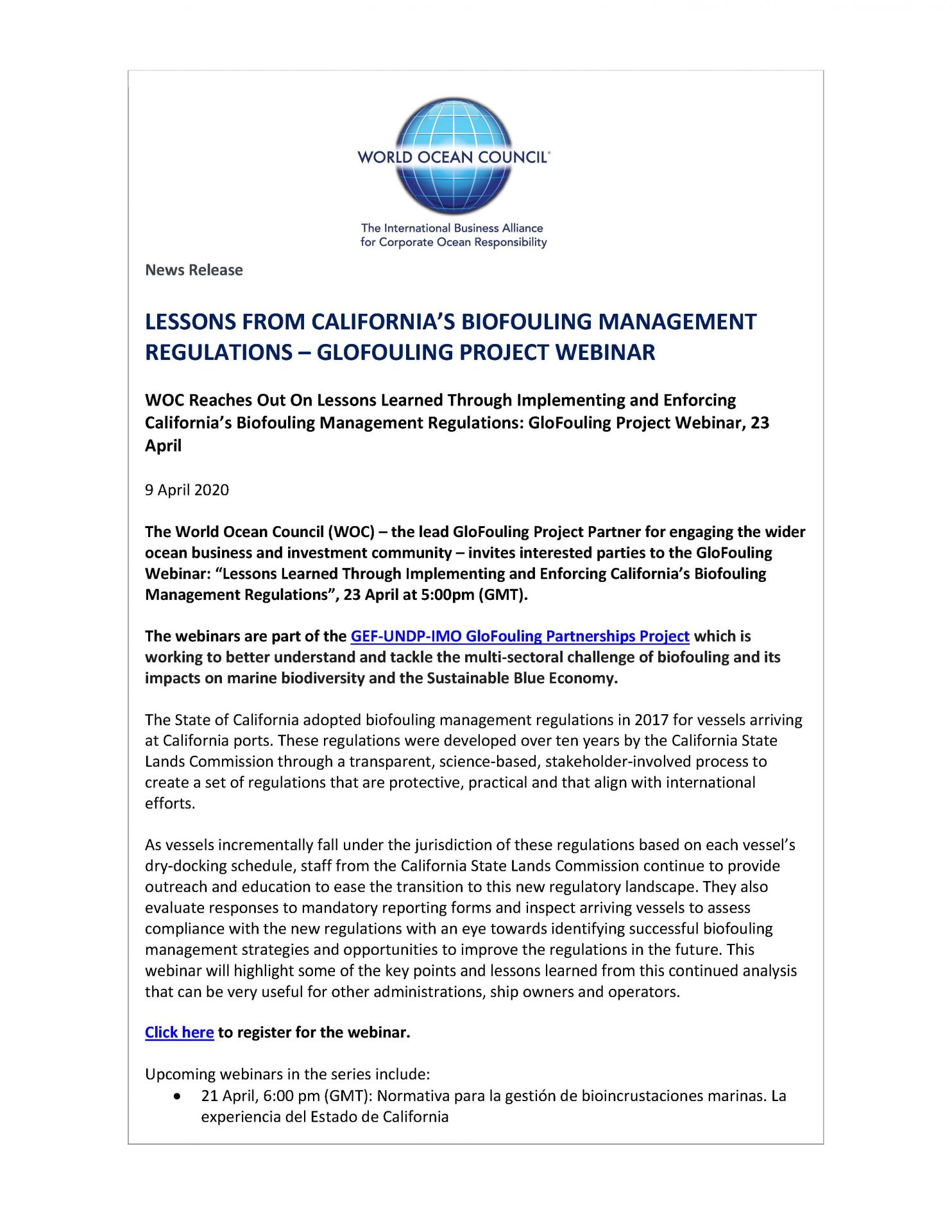 Lessons from California's Biofouling Management Regulations - GloFouling Project Webinar - 9 April 2020