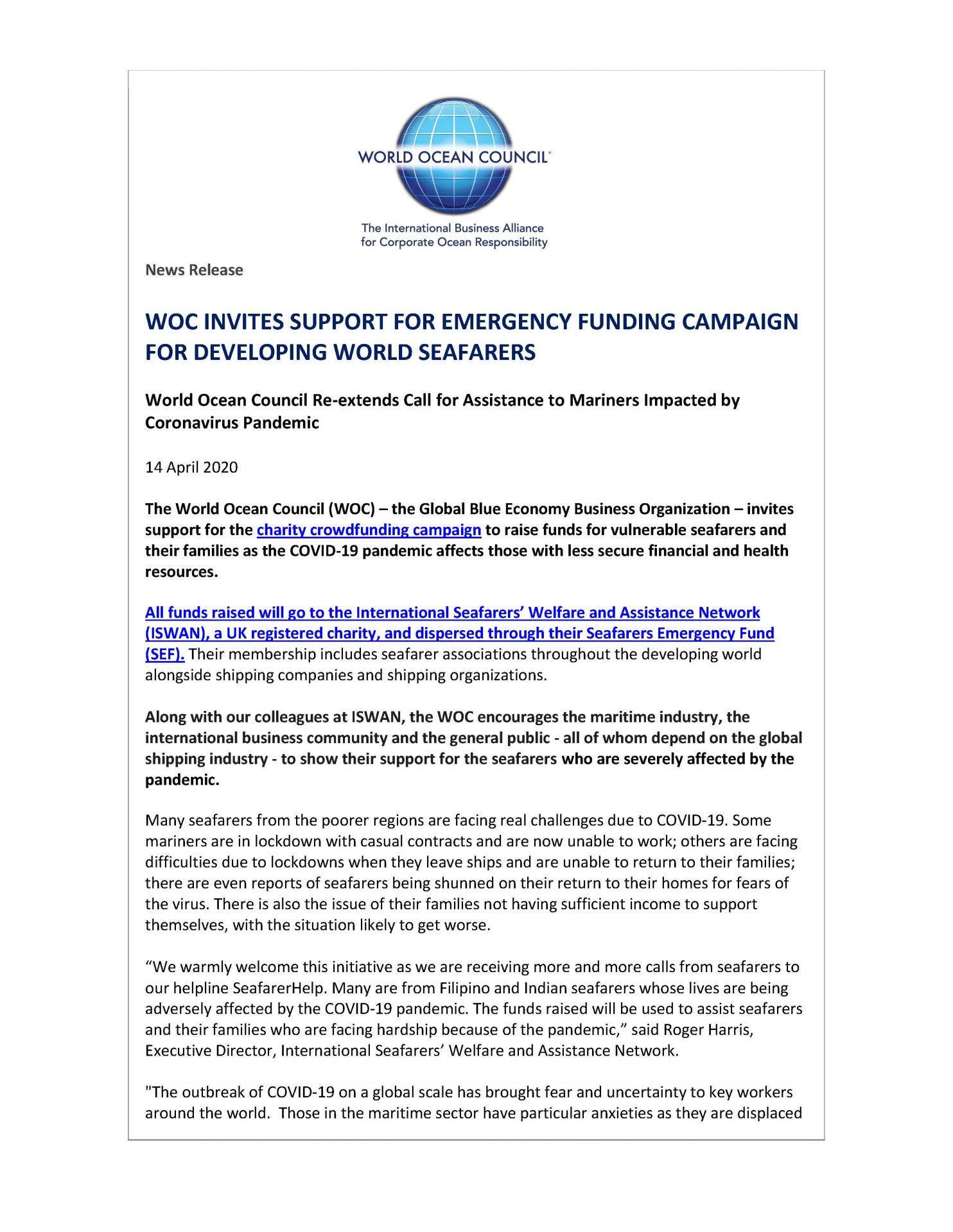 WOC Invites Support for Emergency Funding Campaign for Developing World Seafarers - 14 April 2020
