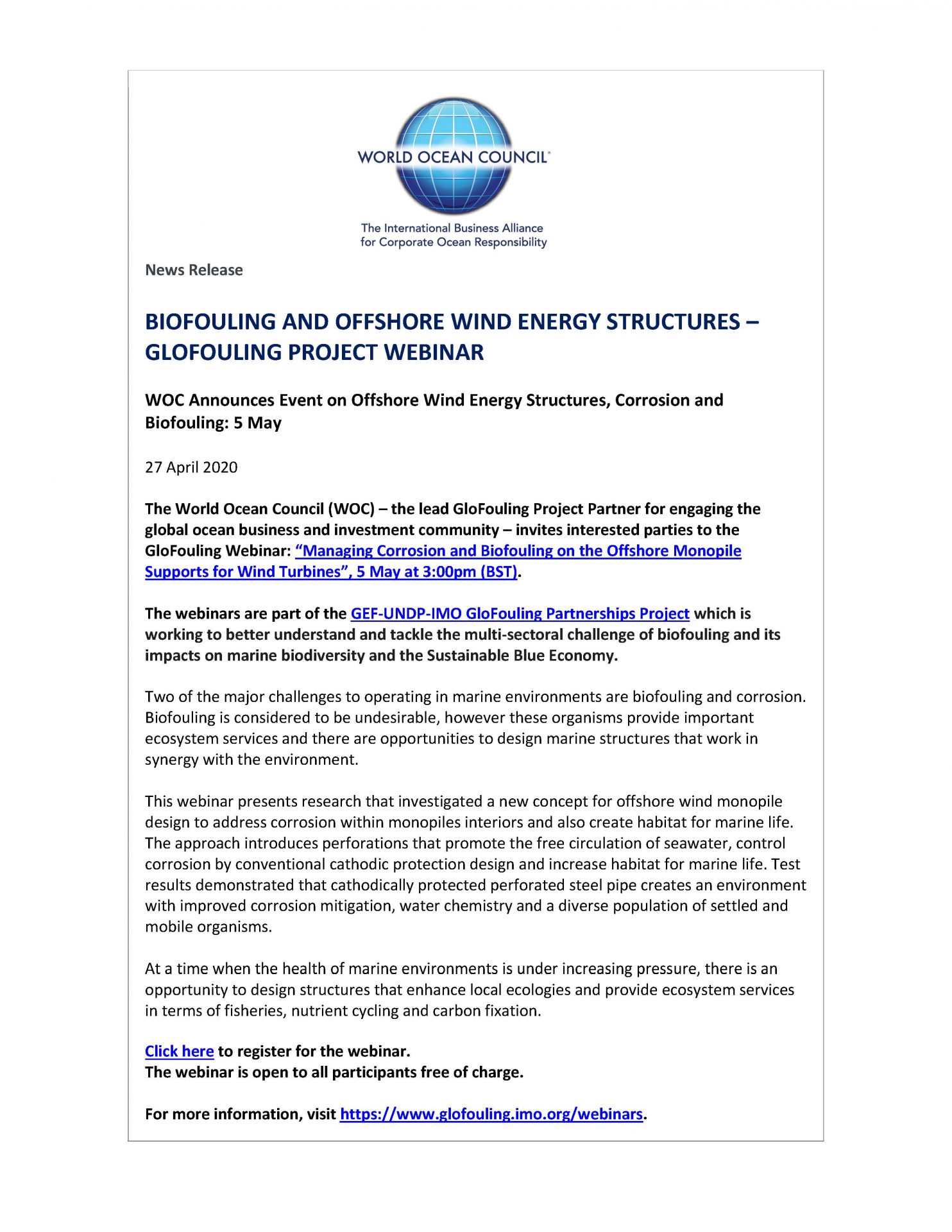 Biofouling and Offshore Wind Energy Structures - GloFouling Project Webinar - 27 April 2020